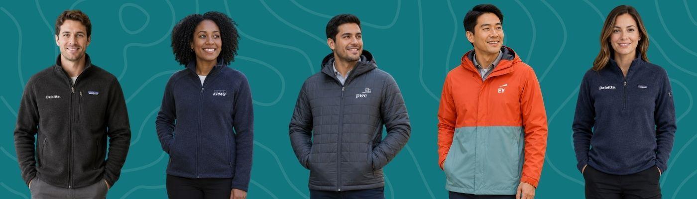 How to choose Patagonia corporate apparel, featuring five professionals wearing company-logo-branded Patagonia jackets, fleece, and outerwear for Deloitte, KPMG, PwC, and EY against a teal patterned background.