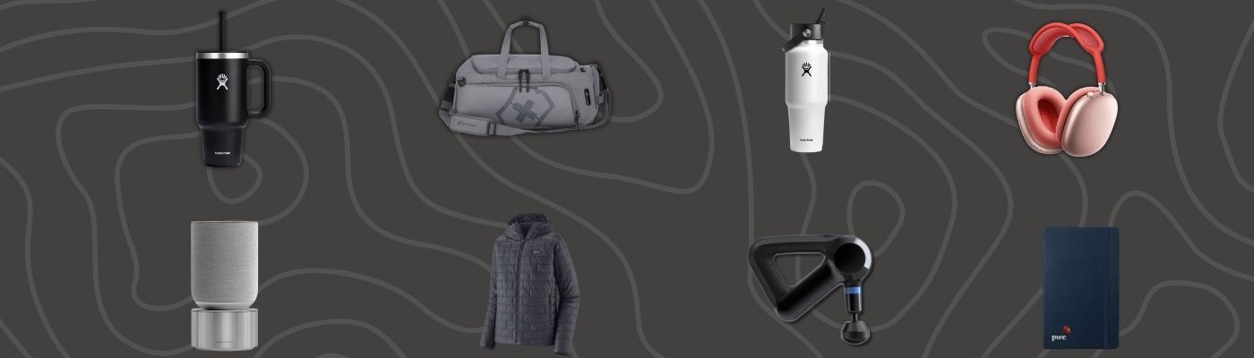 Premium corporate gifts collage featuring Hydro Flask mug, Nike jacket, Apple headphones, duffel bag, and other branded merchandise