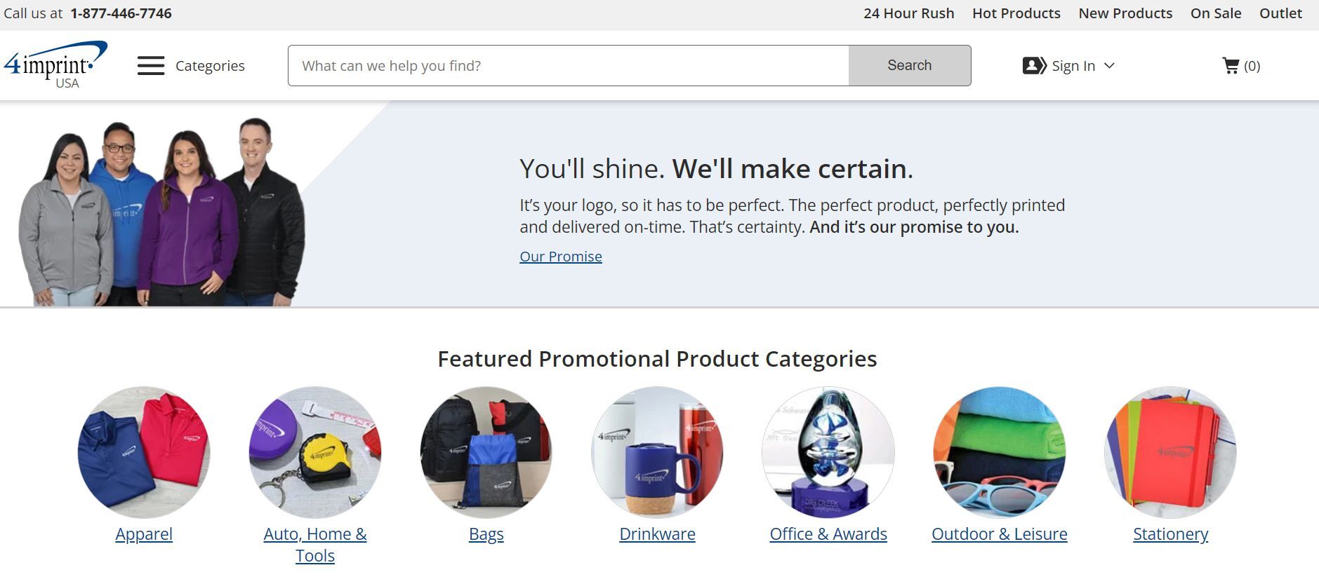 4imprint homepage showing branded apparel, drinkware, bags, and stationery under featured promotional product categories.
