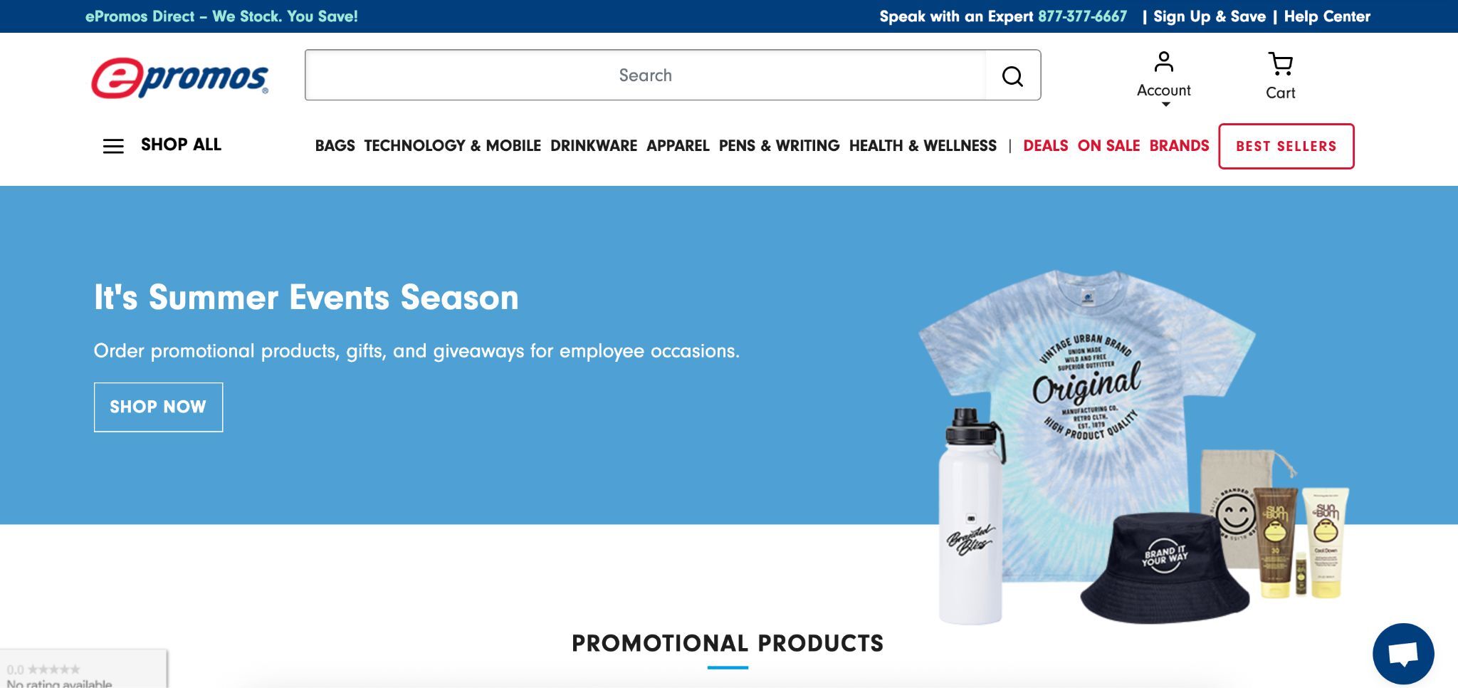 ePromos homepage banner showing branded T-shirt, water bottle, hat, and wellness products for corporate gifting.
