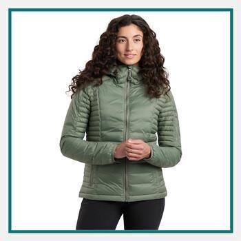 KÜHL Women's Spyfire Hoody Jacket in sage green, custom embroidered for stylish outdoor comfort.