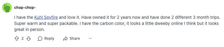 Reddit comment by user chop-chop- praising the Kuhl Spyfire jacket for being warm, packable, and stylish in person.