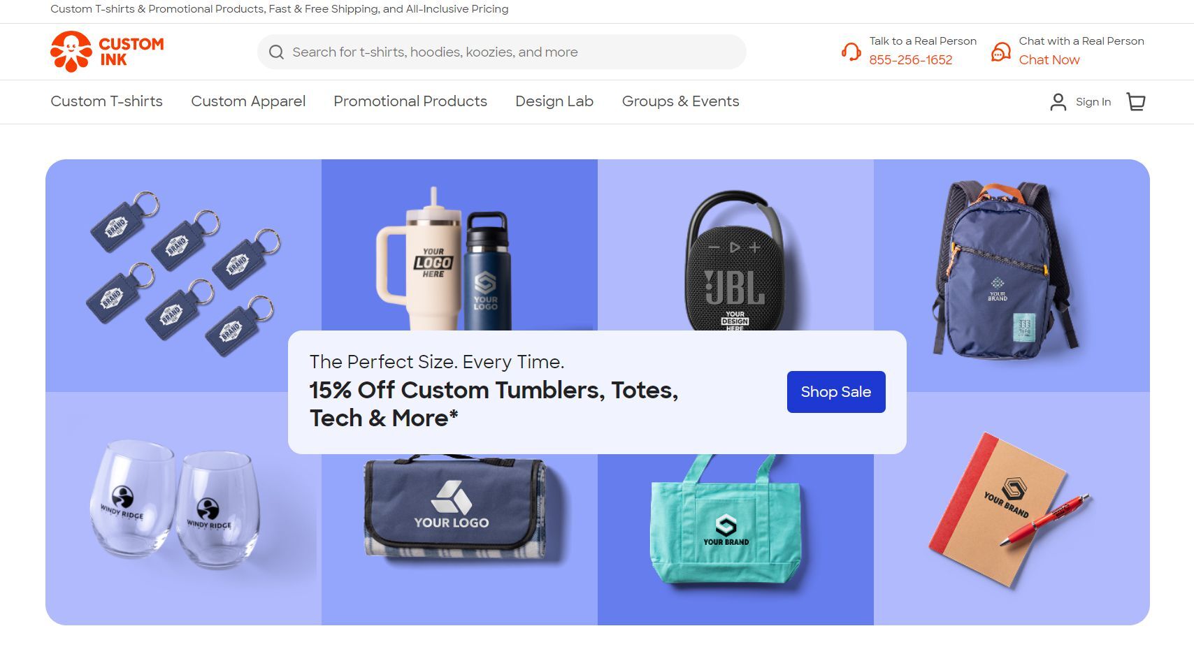 Custom Ink promotional products, including tumblers, tote bags, backpacks, and tech accessories, featured in custom ink reviews.
