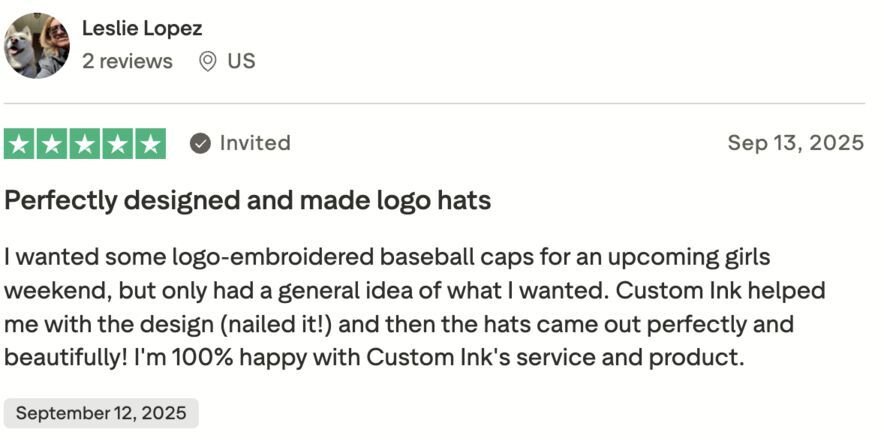 Trustpilot review screenshot showing customer praising Custom Ink logo hats design and service.
