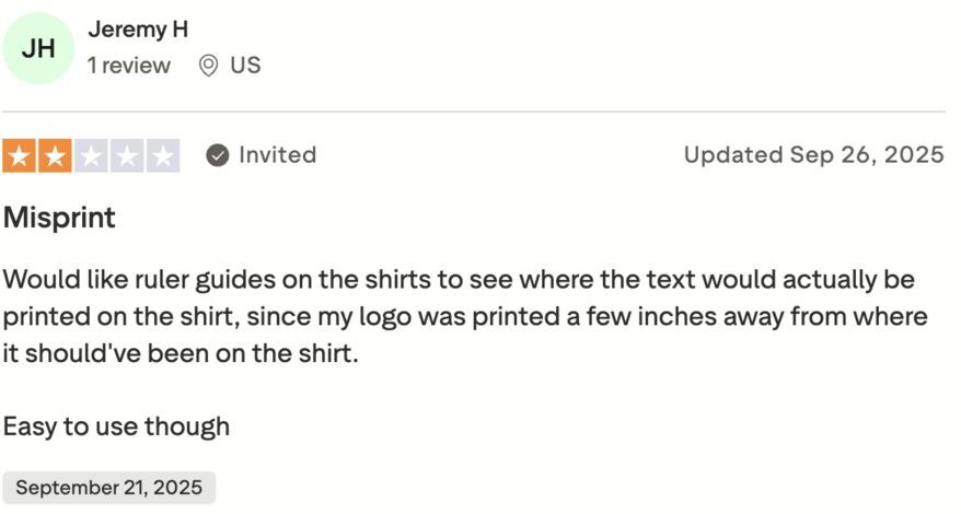 Trustpilot review highlighting Custom Ink shirt misprint issue and feedback on logo placement accuracy.
