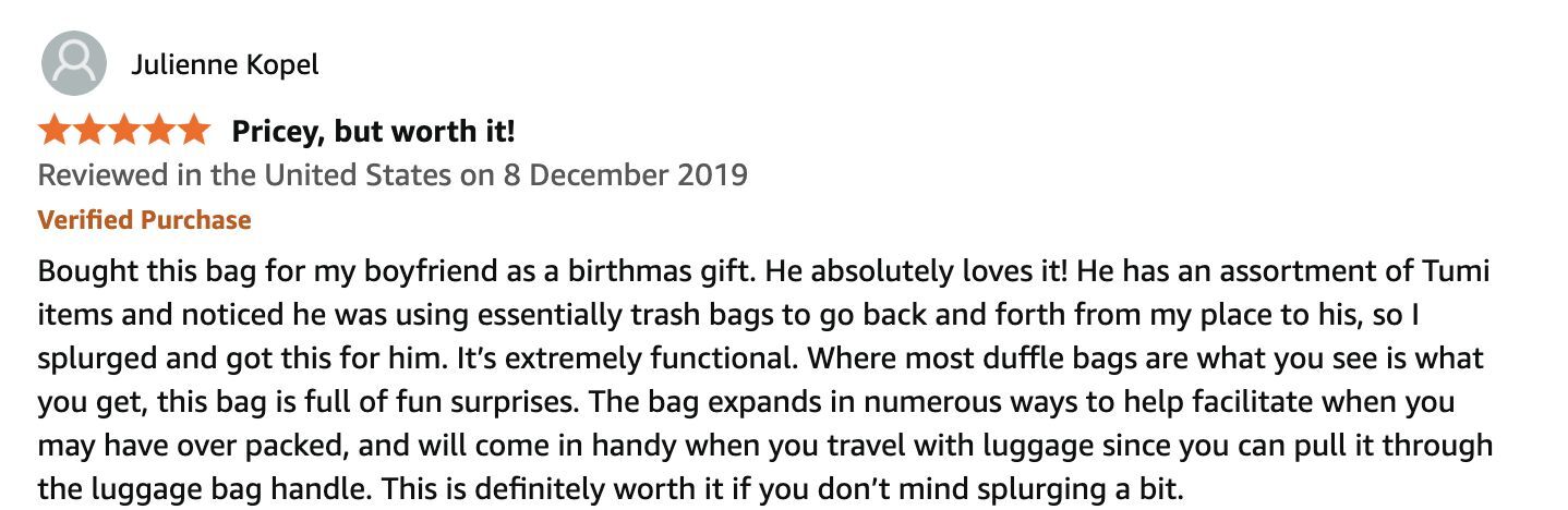Amazon review by Julienne Kopel praising a TUMI duffel bag as a pricey yet functional, high-quality gift for her boyfriend.