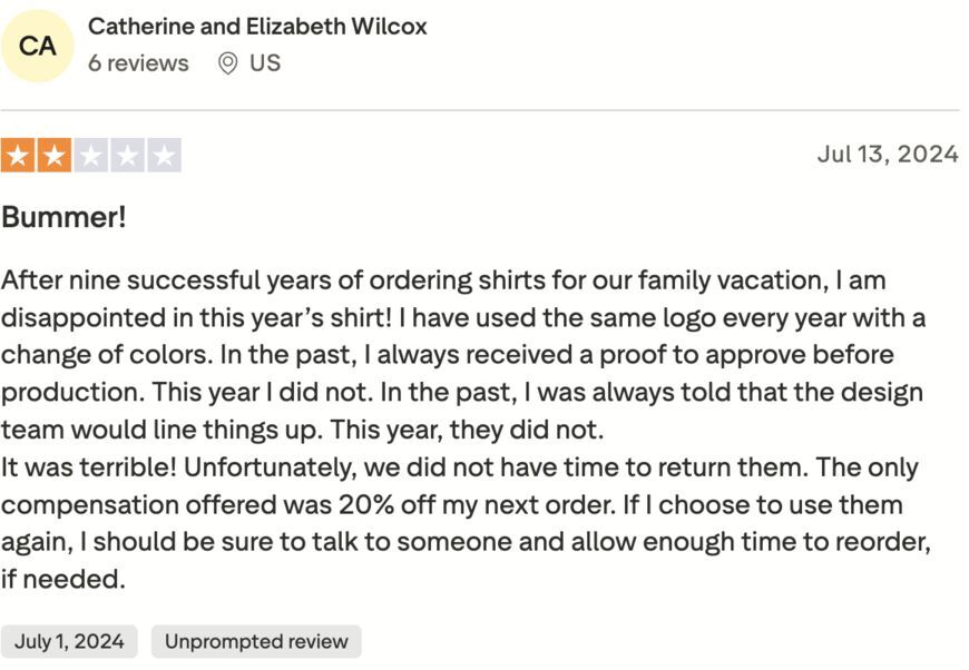 Trustpilot review sharing disappointment with Custom Ink shirt design proof and alignment issues for family order.

