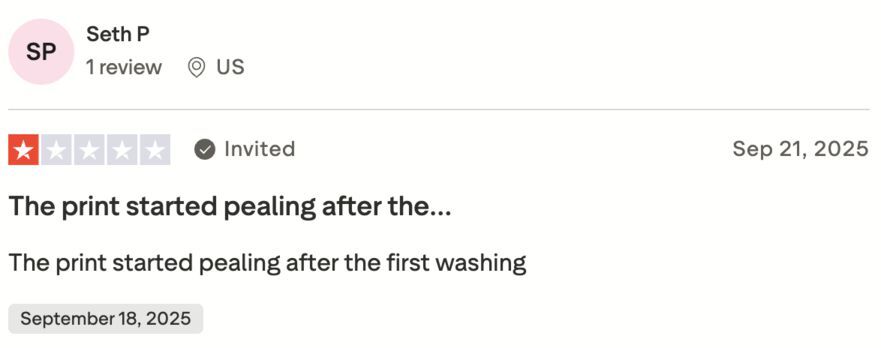 Trustpilot review showing customer complaint about Custom Ink print peeling after first wash.