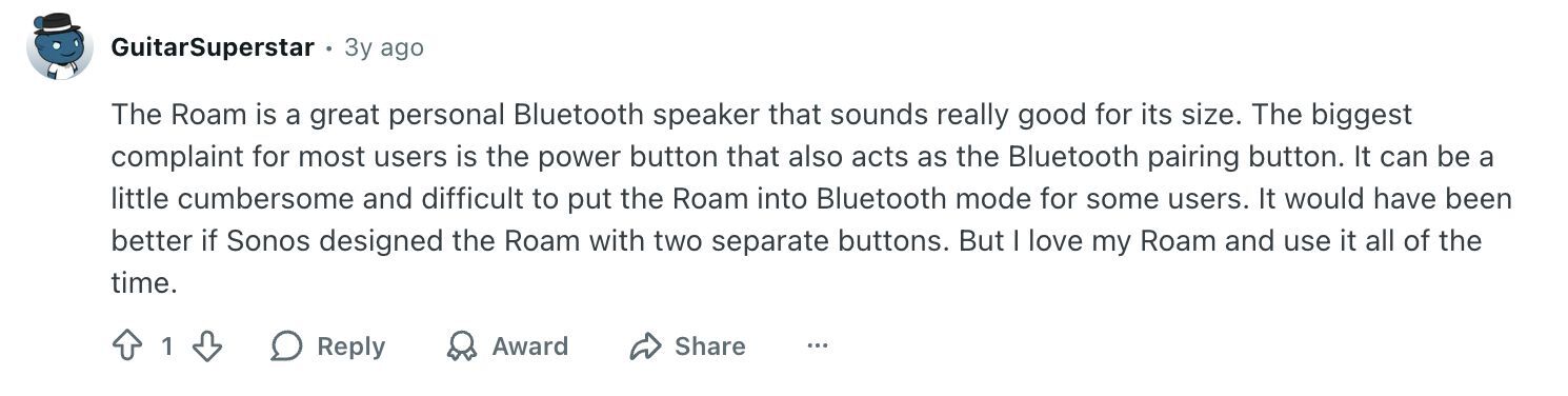 Reddit comment by user GuitarSuperstar reviewing the Sonos Roam speaker, praising its sound quality but noting button design issues.