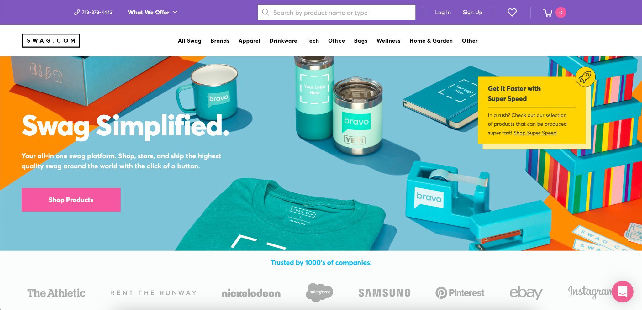 Screenshot of hero section of Swag.com's website