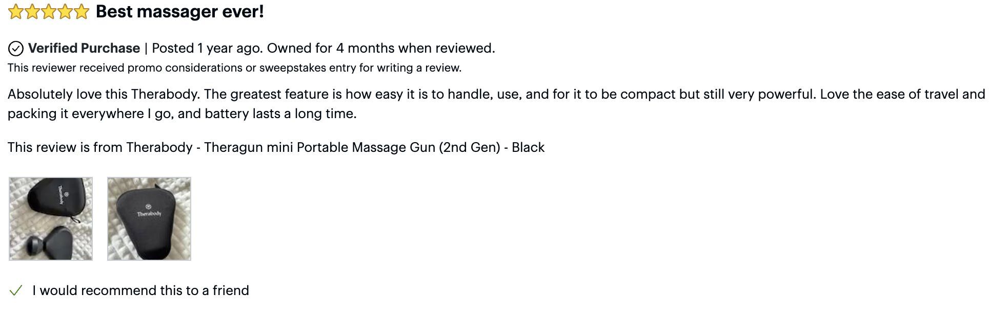 Customer review praising the Therabody Theragun Mini 2nd Gen as the best massager ever for its power, portability, and long battery life.