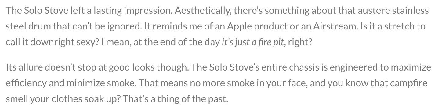 Text review describing the Solo Stove as sleek and well-engineered, praised for its stainless steel design and low-smoke performance.