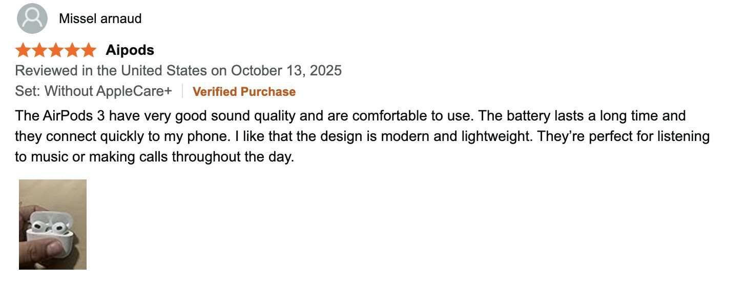 Amazon review by Missel Arnaud praising the Apple AirPods 3 for excellent sound, comfort, long battery life, and a modern, lightweight design.