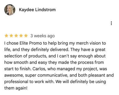 Five-star Google review from Kaydee Lindstrom praising ELITE PROMO INC for excellent service, smooth process, and high-quality custom merchandise.