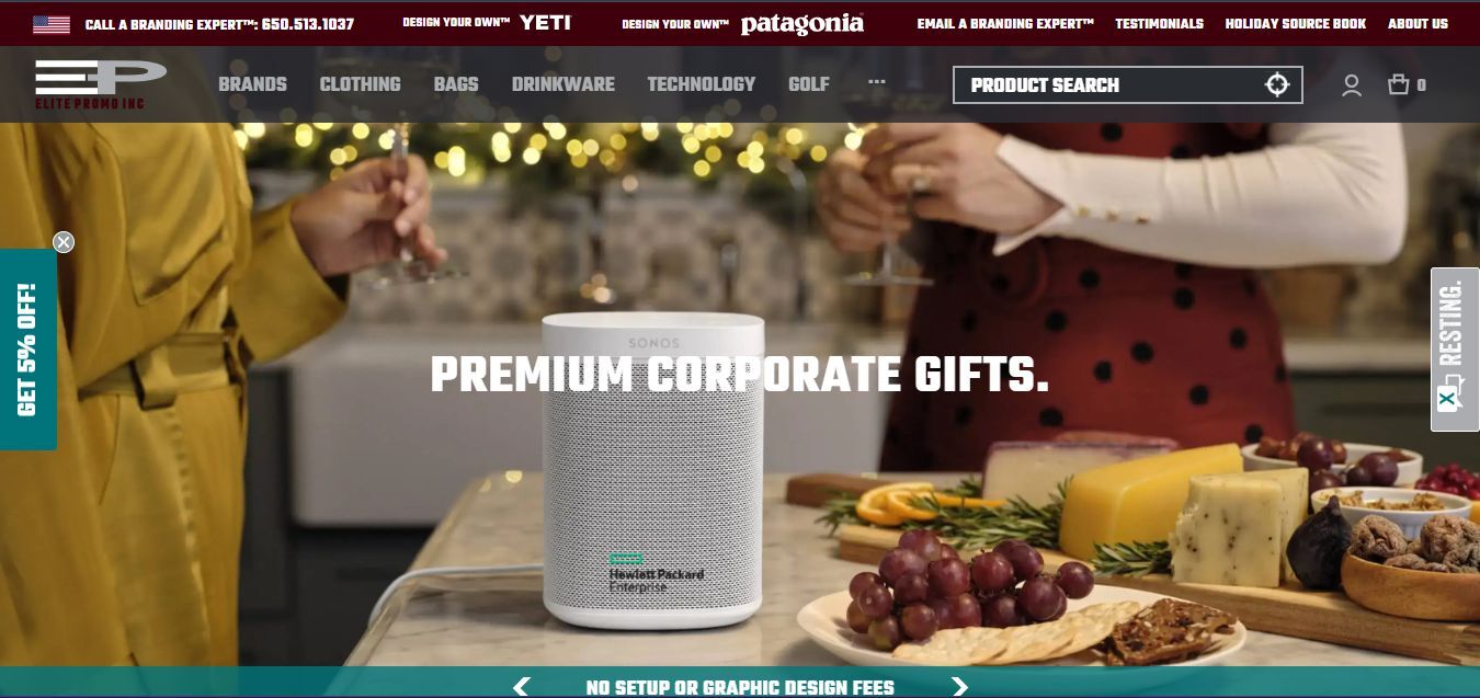 Hero section of ELITE PROMO INC's website showing SONOS speaker with Hewlett Packard Enterprise logo, promoting premium corporate holiday gifts for clients.
