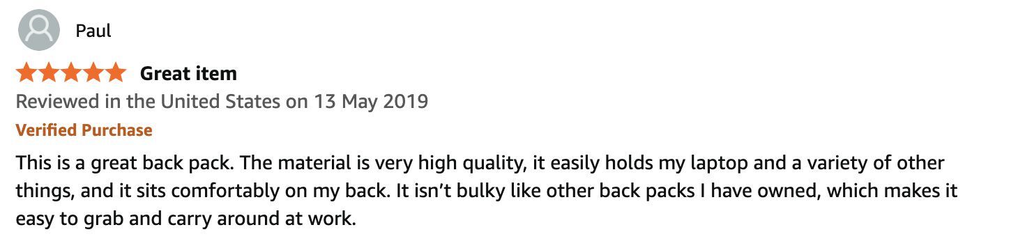 Amazon review by Paul describing a high-quality backpack that holds a laptop, is comfortable, and easy to carry for work.