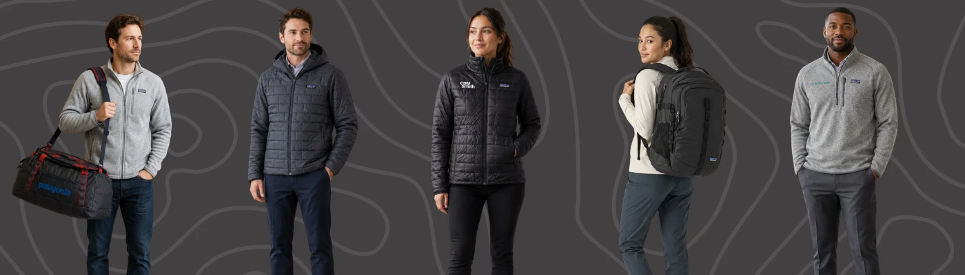 Patagonia bulk procurement guide featuring models wearing branded Patagonia jackets and fleece apparel alongside a Patagonia backpack and duffel bag, set against a dark grey patterned background.