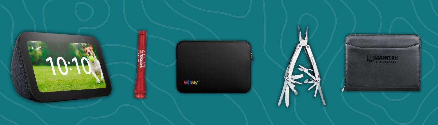 Practical promotional giveaways featuring Amazon Echo display, Maglite flashlight, laptop sleeve, Victorinox multitool, and leather padfolio.
