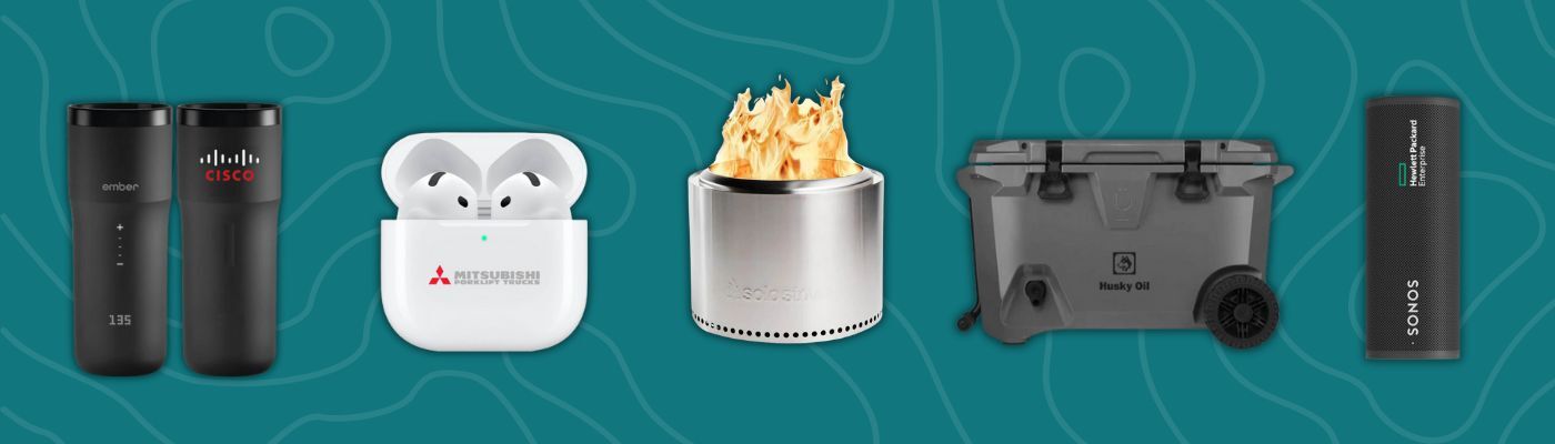 Ember smart mugs, Apple AirPods, Solo Stove Bonfire, BrüTank rolling cooler, and SONOS Bluetooth speaker on teal background.
