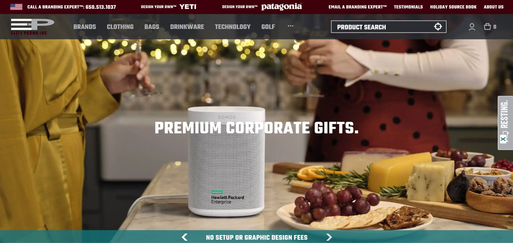 SONOS speaker branded with Hewlett Packard Enterprise logo displayed on a table with wine and cheese, representing premium promotional giveaways.