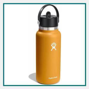 Hydro Flask 32 oz wide mouth bottle in amber color with flex straw cap and stainless steel accents on white background.
