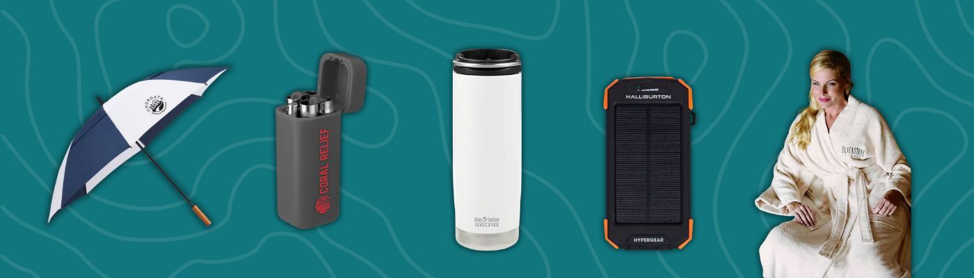 Recycled golf umbrella, reusable straw set, Klean Kanteen eco tumbler, Hypergear solar power bank, and woman in bamboo robe on teal background.