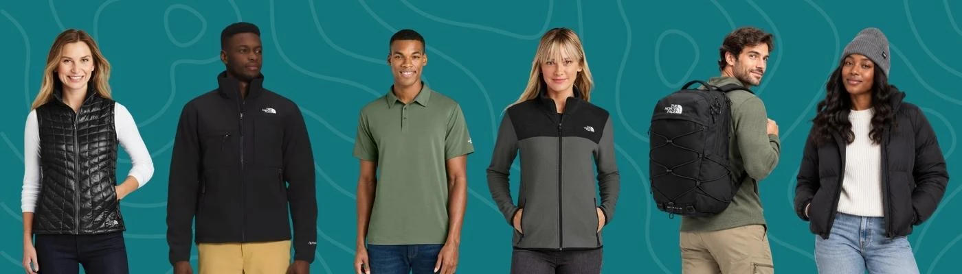 The North Face bulk procurement guide for corporate gifting showing six co-branded products: a vest, a jacket, a polo shirt, a fleece, a backpack, and a beanie