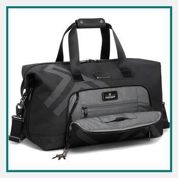 TUMI Corporate Collection Duffel Bag in black with multiple compartments and sleek modern design.