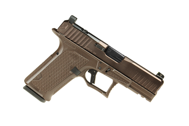 Discontinued Dusk 19 w/ORB Slide, Brown Frame, Black Std. Barrel, NF Lower 1/3 Sights, Flat Trigger