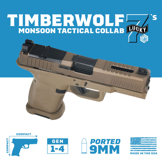 TimberWolf 19 w/Blk Monsoon Tactical Ported Slide and Coyote Tan Frame, Blk barrel, NF Stealth sights and flat trigger
