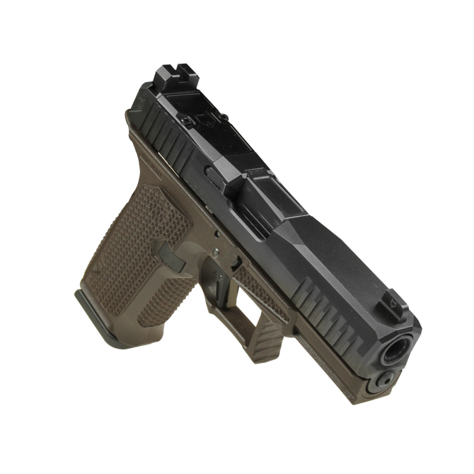 Discontinued Dusk 19 w/Black Slide, Brown Frame, Black Std. Barrel, NF Lower 1/3 Sights, Flat Trigger