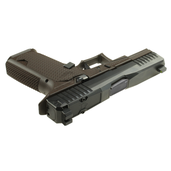 Discontinued Dusk 19 w/Black Slide, Brown Frame, Black Std. Barrel, NF Lower 1/3 Sights, Flat Trigger