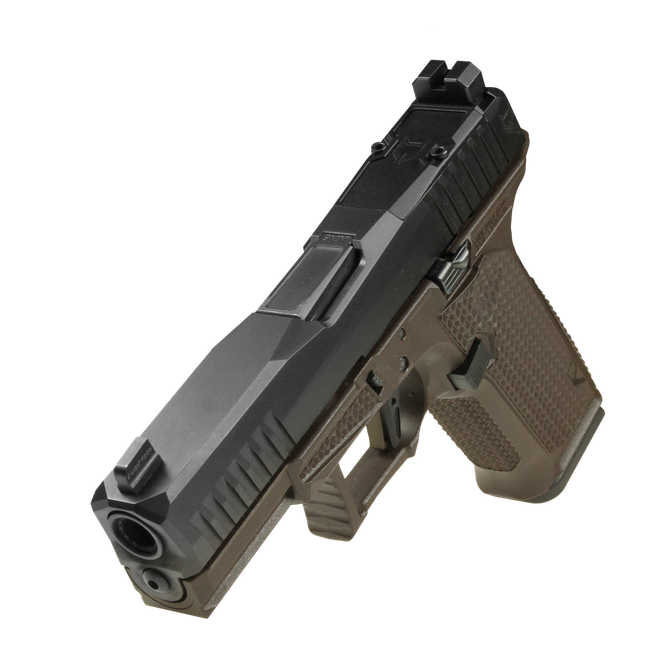Discontinued Dusk 19 w/Black Slide, Brown Frame, Black Std. Barrel, NF Lower 1/3 Sights, Flat Trigger