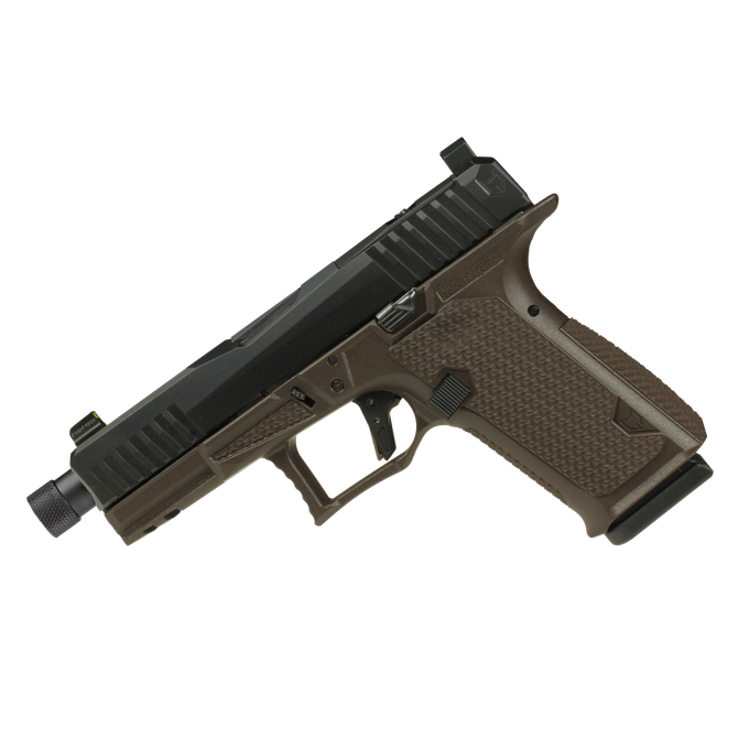 Discontinued Dusk 19 w/Black Slide, Brown Frame, NF Suppressor Sights, Flat Trigger, Black Threaded Barrel w/ Black TP