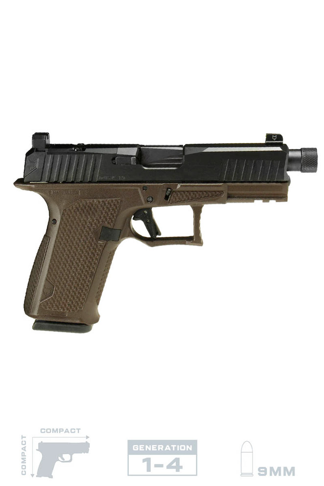 Discontinued Dusk 19 w/Black Slide, Brown Frame, NF Suppressor Sights, Flat Trigger, Black Threaded Barrel w/ Black TP
