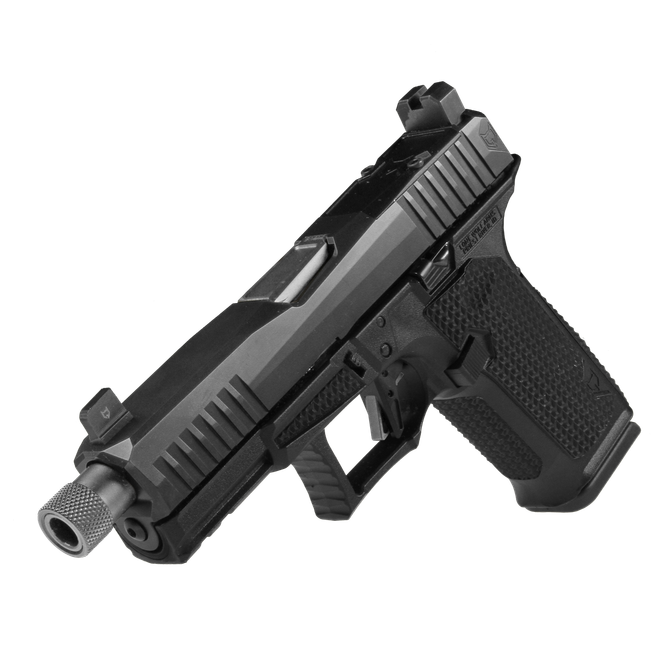Dusk 19 w/Black Slide, Black Frame, NF Suppressor Sights, Flat Trigger, GG Threaded Barrel