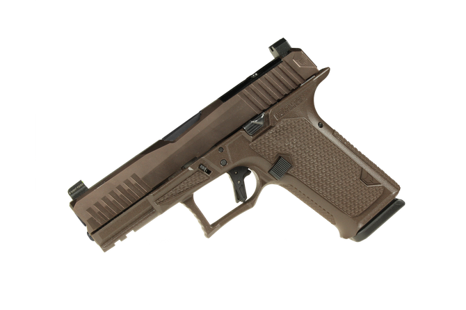 Discontinued Dusk 19 w/ORB Slide, Brown Frame, Black Std. Barrel, NF Lower 1/3 Sights, Flat Trigger