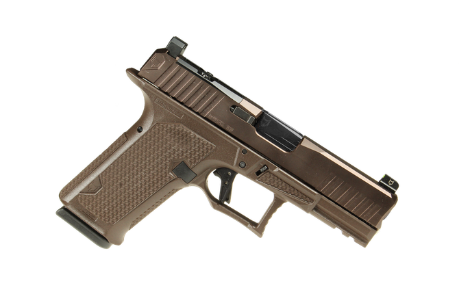 Discontinued Dusk 19 w/ORB Slide, Brown Frame, Black Std. Barrel, NF Lower 1/3 Sights, Flat Trigger