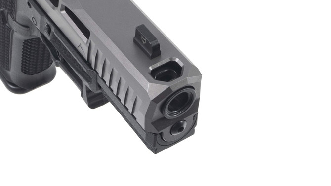 Dusk 19R (Rainier Spec) w/GG Slide, Black Frame, Blk Ported Barrel, NF Lower 1/3 Sights, Flat Trigger w/ GG safety