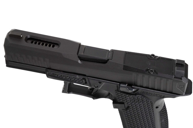 DUSK 19 w/Blk Monsoon Tactical Ported Slide and Blk Frame, Blk barrel, Ameriglo Steel sights and flat trigger