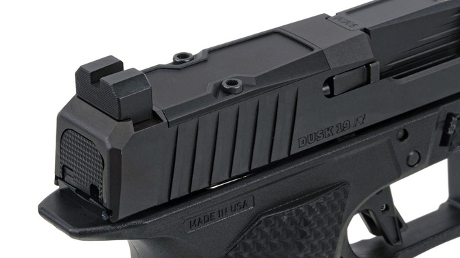 Dusk 19R (Rainier Spec) w/Black Slide, Black Frame, Black Ported Barrel, NF Lower 1/3 Sights, Flat Trigger w/ Black safety