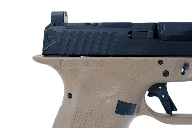 TimberWolf 19 w/Black Slide, Coyote Frame, Black Std. Barrel, NF Lower 1/3 Sights, Flat Trigger