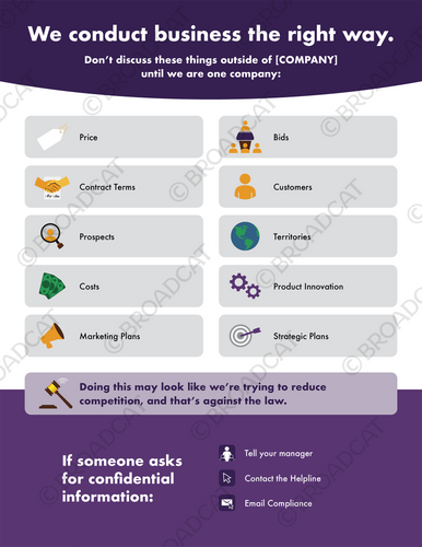 Joining forces is exciting, but jumping the gun and prematurely sharing confidential information is not (because, you know, the law).
 
Give this infographic to your employees at the onset of a merger or acquisition so they know what convos are off limits with folks from the other company—like pricing, contract terms, territories, product innovation, or any other strategic plans. That way, you’ll know they’re conducting business the right way and your integration won’t get disrupted by an honest, but illegal, mistake. 

For greater impact, follow this up with our before an integration job aid.