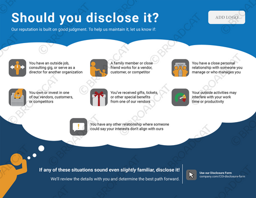 This ingenious infographic covers 7 personal outside interests that employees need to disclose so you can determine if there’s a conflict, not them.