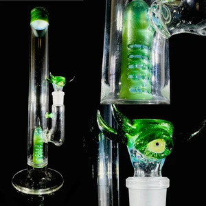 Benwa glass  green grid perk bong with dragon eye slide 