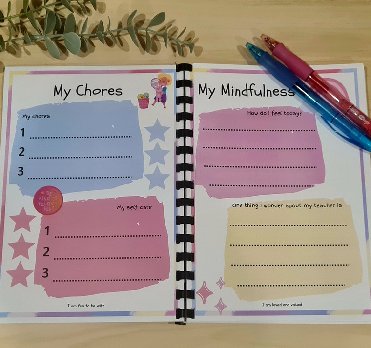 Children’s mindfulness journal log, diary, A5 notebook. Colourful rainbow themed.