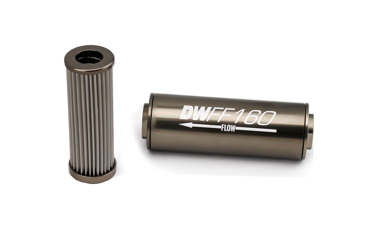 DeatschWerks Stainless Steel 10AN 100 Micron Universal Inline Fuel Filter Housing Kit (160mm) - 8-03-160-100K