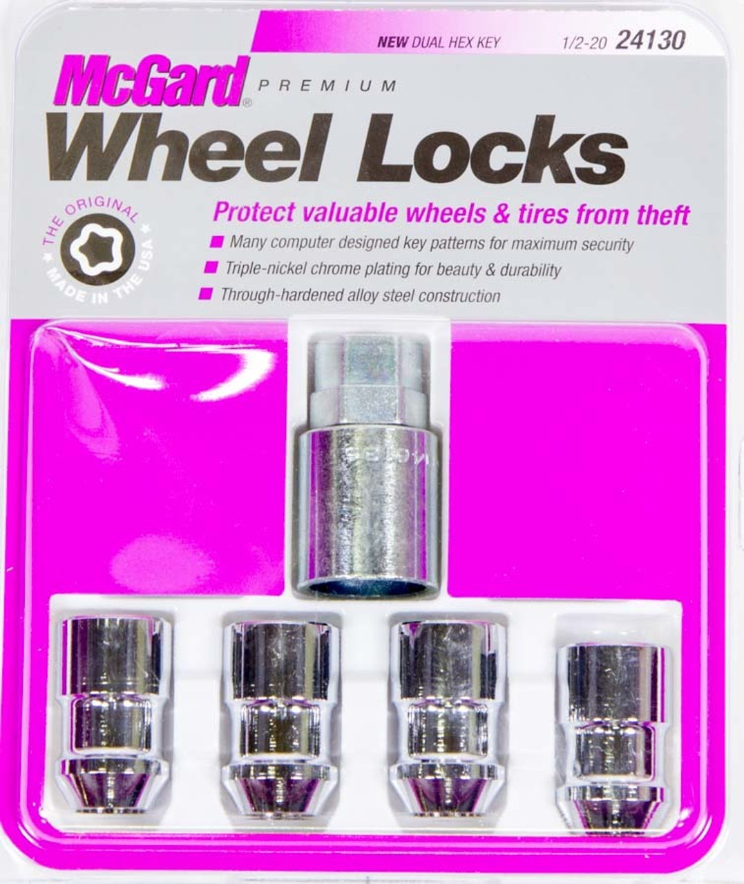 McGard Wheel Lock Nut Set - 4pk. (Cone Seat) 1/2-20 / 3/4 & 13/16 Dual Hex / 1.46in. Length - Chrome - 24130