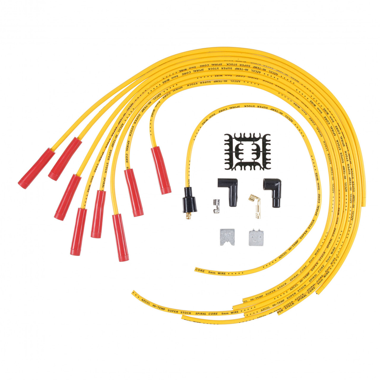 ACCEL SPARK PLUG WIRE SET - 8MM - UNIVERSAL - YELLOW WIRE WITH RED STRAIGHT BOOTS (ACC-15040Y)