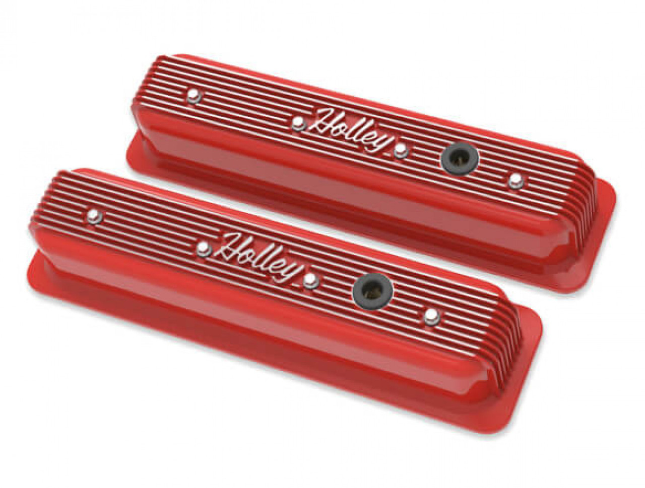 Holley Vintage Finned Valve Cover - "Holley" Script - SBC - Center Bolt - Gloss Red Machined (HOL-1241-250)